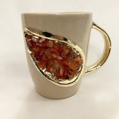 Set of 2 |Personalised Cream and Gold Ceramic Coffee/Tea Mug with Red Semi-precious Agate Crystal Gemstones | 8 oz