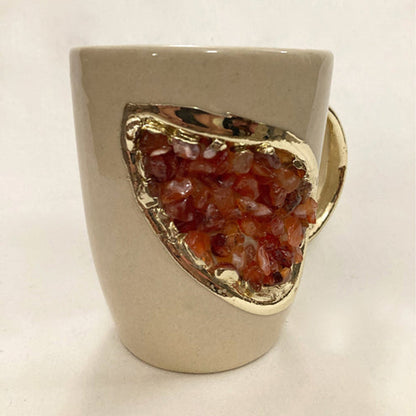 Set of 2 |Personalised Cream and Gold Ceramic Coffee/Tea Mug with Red Semi-precious Agate Crystal Gemstones | 8 oz