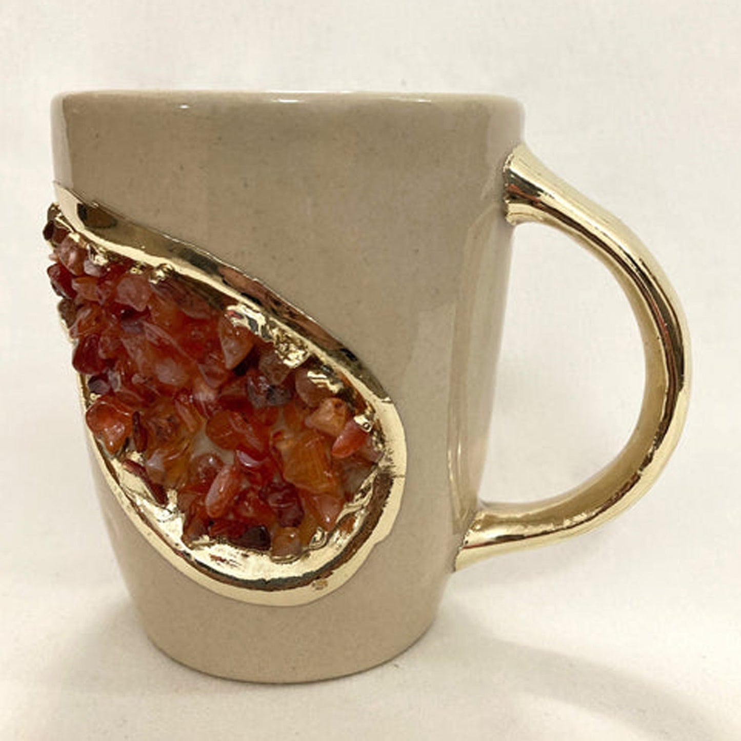 Set of 2 |Personalised Cream and Gold Ceramic Coffee/Tea Mug with Red Semi-precious Agate Crystal Gemstones | 8 oz