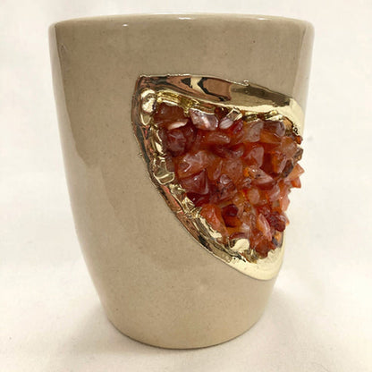 Set of 2 |Personalised Cream and Gold Ceramic Coffee/Tea Mug with Red Semi-precious Agate Crystal Gemstones | 8 oz