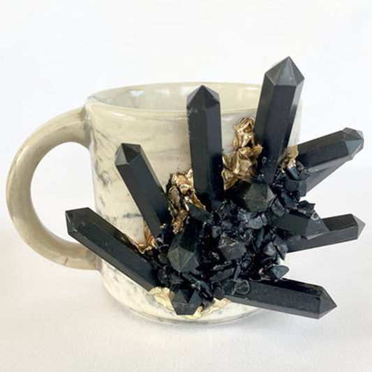 Set of 2 | Personalised Grey Marble Effect Ceramic Big Coffee/Tea/Juice Mug with Gold Plated Black Agate Semi-precious | 11 oz/325 ml