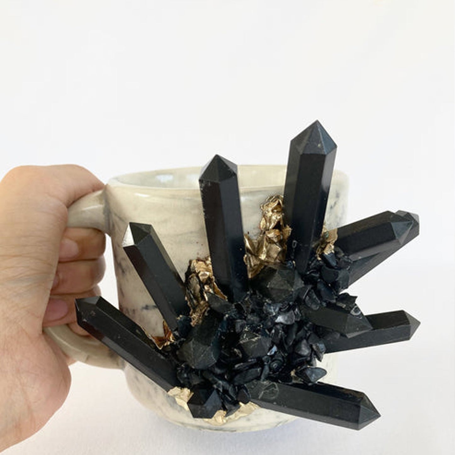 Grey Marble Ceramic Mugs with Black Agate (Set of 2)
