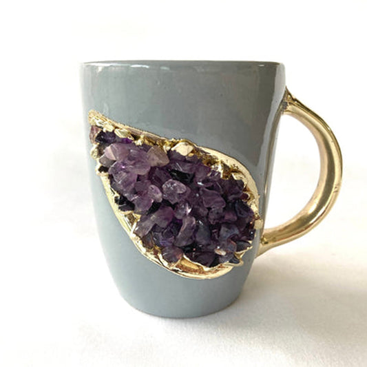 Set of 2 |Personalised Grey and Gold Ceramic Coffee/Tea Mug with Purple Semi-precious Agate Crystal Gemstones| 8 Oz