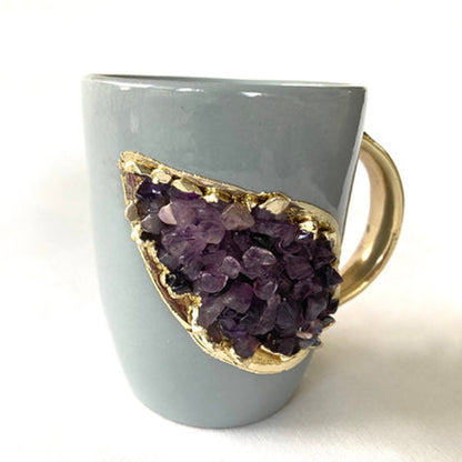 Set of 2 |Personalised Grey and Gold Ceramic Coffee/Tea Mug with Purple Semi-precious Agate Crystal Gemstones| 8 Oz