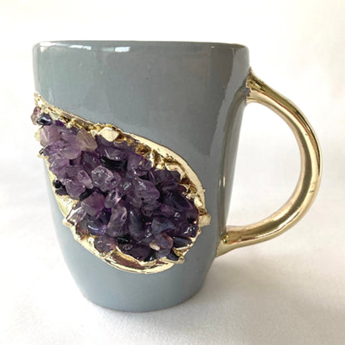 Set of 2 |Personalised Grey and Gold Ceramic Coffee/Tea Mug with Purple Semi-precious Agate Crystal Gemstones| 8 Oz