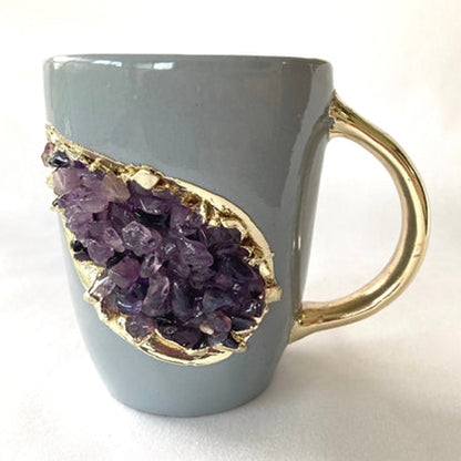 Set of 2 |Personalised Grey and Gold Ceramic Coffee/Tea Mug with Purple Semi-precious Agate Crystal Gemstones| 8 Oz