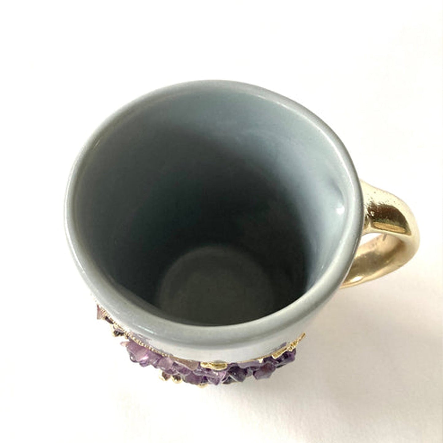 Set of 2 |Personalised Grey and Gold Ceramic Coffee/Tea Mug with Purple Semi-precious Agate Crystal Gemstones| 8 Oz