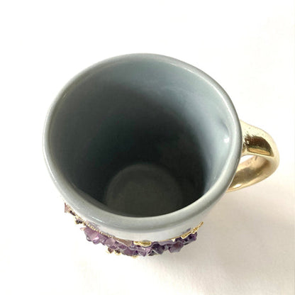 Set of 2 |Personalised Grey and Gold Ceramic Coffee/Tea Mug with Purple Semi-precious Agate Crystal Gemstones| 8 Oz