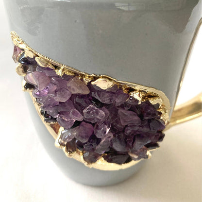 Set of 2 |Personalised Grey and Gold Ceramic Coffee/Tea Mug with Purple Semi-precious Agate Crystal Gemstones| 8 Oz