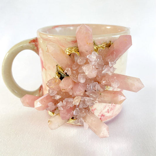 Set of 2 |Personalised Pink Marble Effect Ceramic Big Coffee/Tea/Juice Mug with Gold Plated Rose Quartz/Agate Semi-precious | 11 oz/325 ml