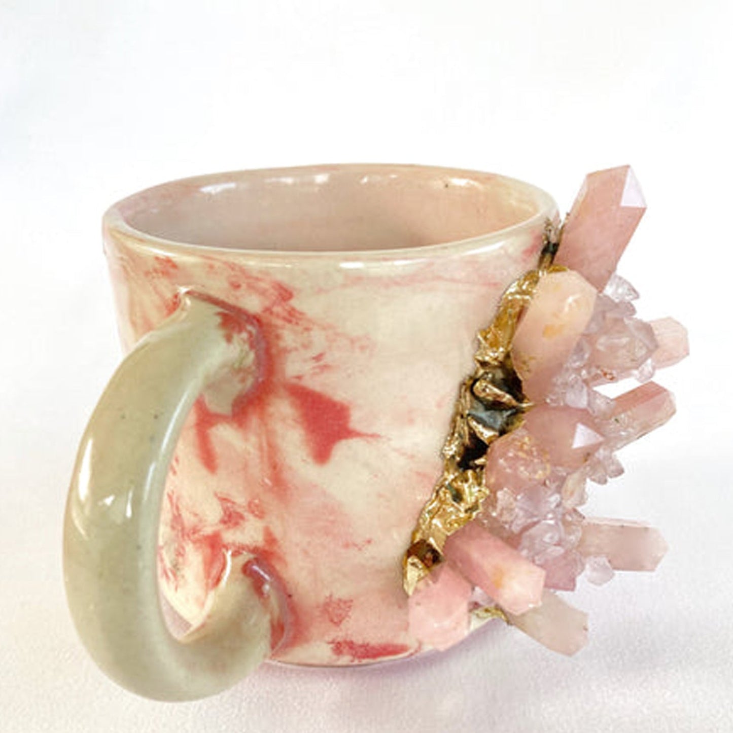 Set of 2 |Personalised Pink Marble Effect Ceramic Big Coffee/Tea/Juice Mug with Gold Plated Rose Quartz/Agate Semi-precious | 11 oz/325 ml