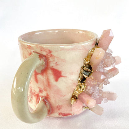 Set of 2 |Personalised Pink Marble Effect Ceramic Big Coffee/Tea/Juice Mug with Gold Plated Rose Quartz/Agate Semi-precious | 11 oz/325 ml