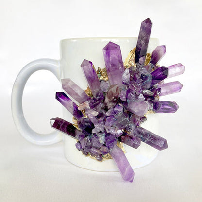 Set of 2 |Personalised White Ceramic Big Coffee/Tea/Juice Mug with Gold Plated Purple Amethyst/Agate/Quartz Semi-precious | 13 oz/385ml