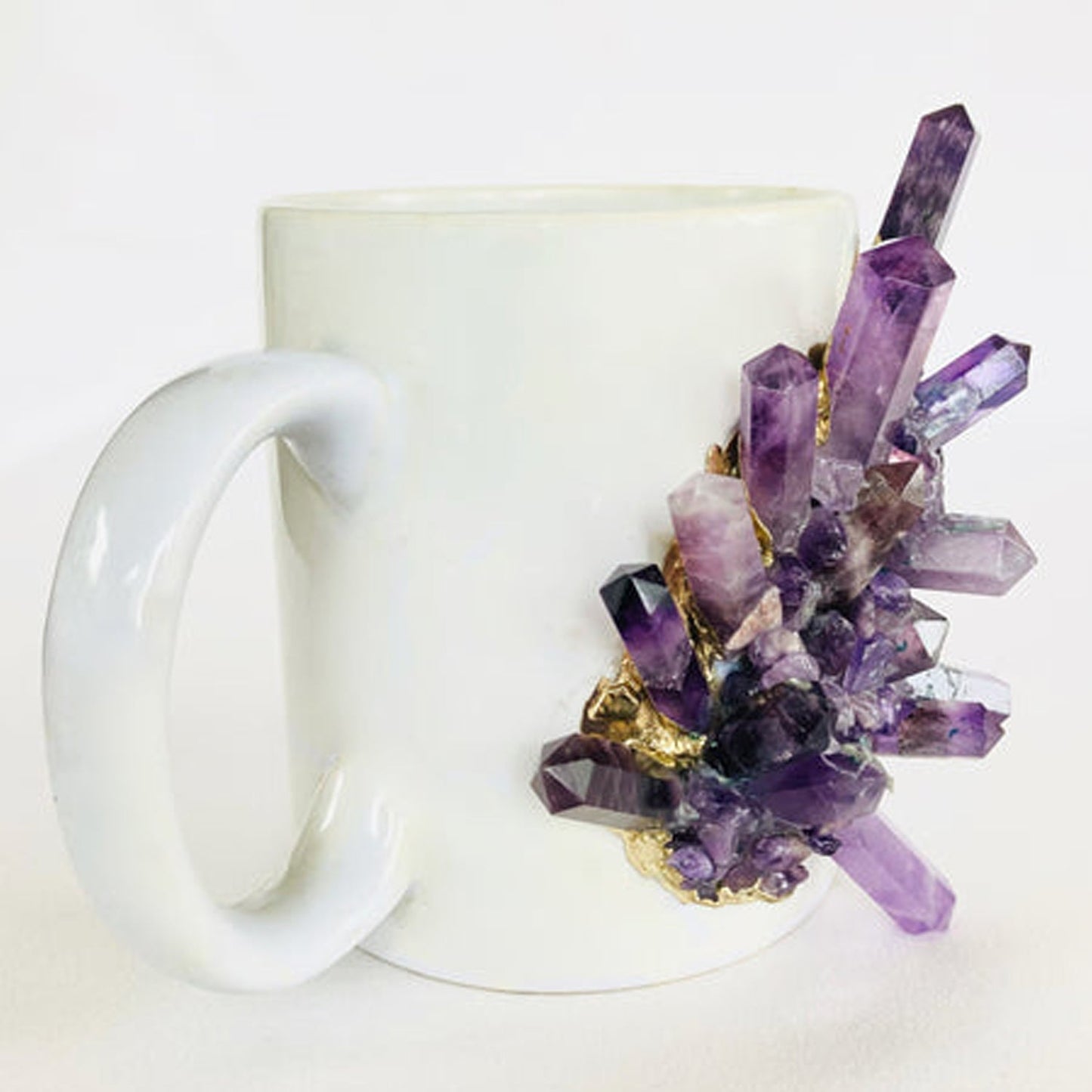 Set of 2 |Personalised White Ceramic Big Coffee/Tea/Juice Mug with Gold Plated Purple Amethyst/Agate/Quartz Semi-precious | 13 oz/385ml