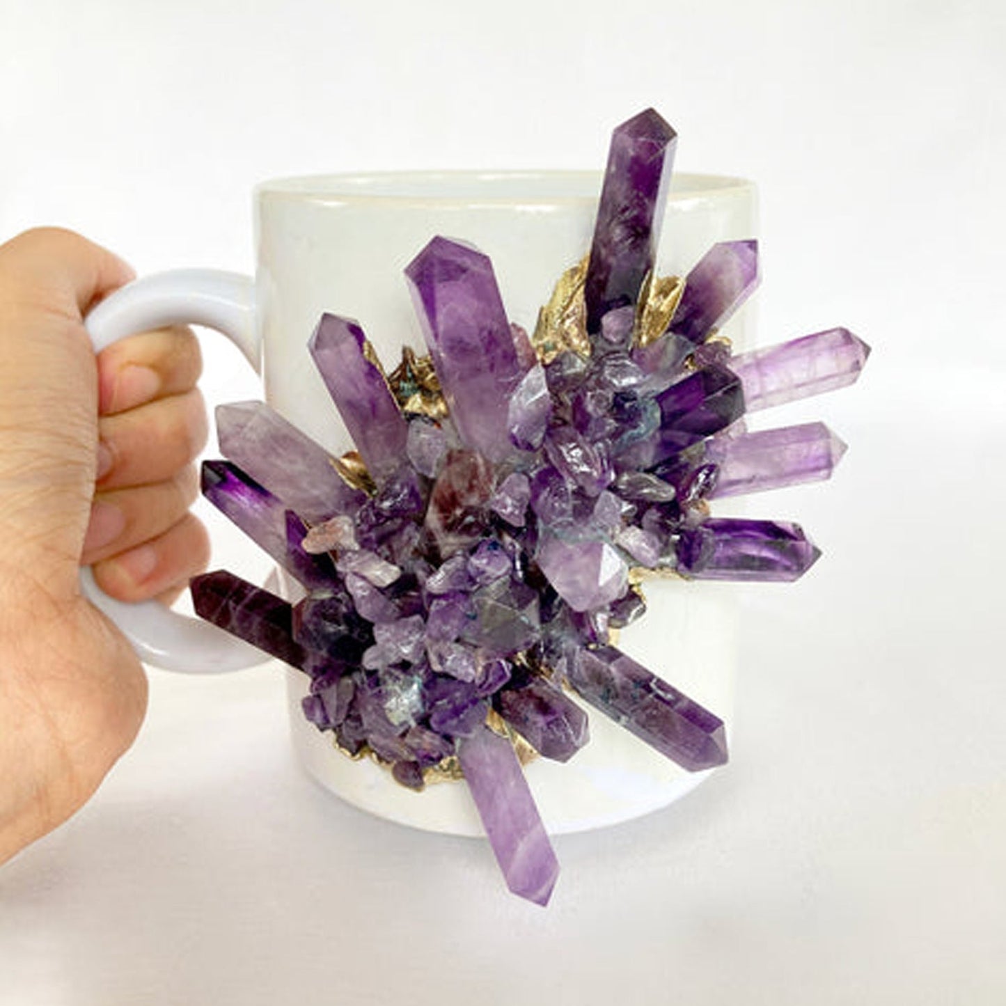 Set of 2 |Personalised White Ceramic Big Coffee/Tea/Juice Mug with Gold Plated Purple Amethyst/Agate/Quartz Semi-precious | 13 oz/385ml