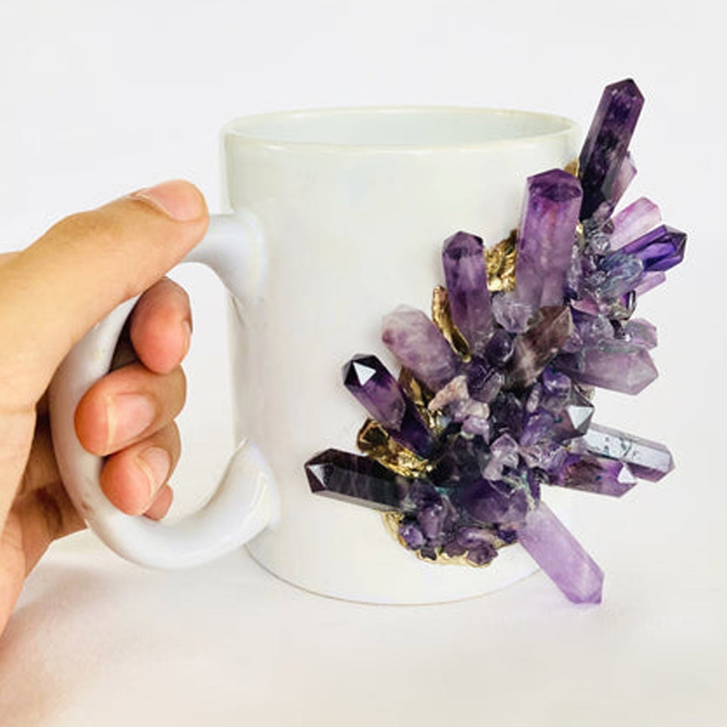 Set of 2 |Personalised White Ceramic Big Coffee/Tea/Juice Mug with Gold Plated Purple Amethyst/Agate/Quartz Semi-precious | 13 oz/385ml