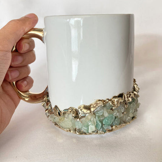 Set of 2 |Personalised White, Gold Ceramic Big Coffee/Tea/Juice/Beverage Mug, Light Green Semi-precious Agate Crystal Gemstones |13 oz/385ml