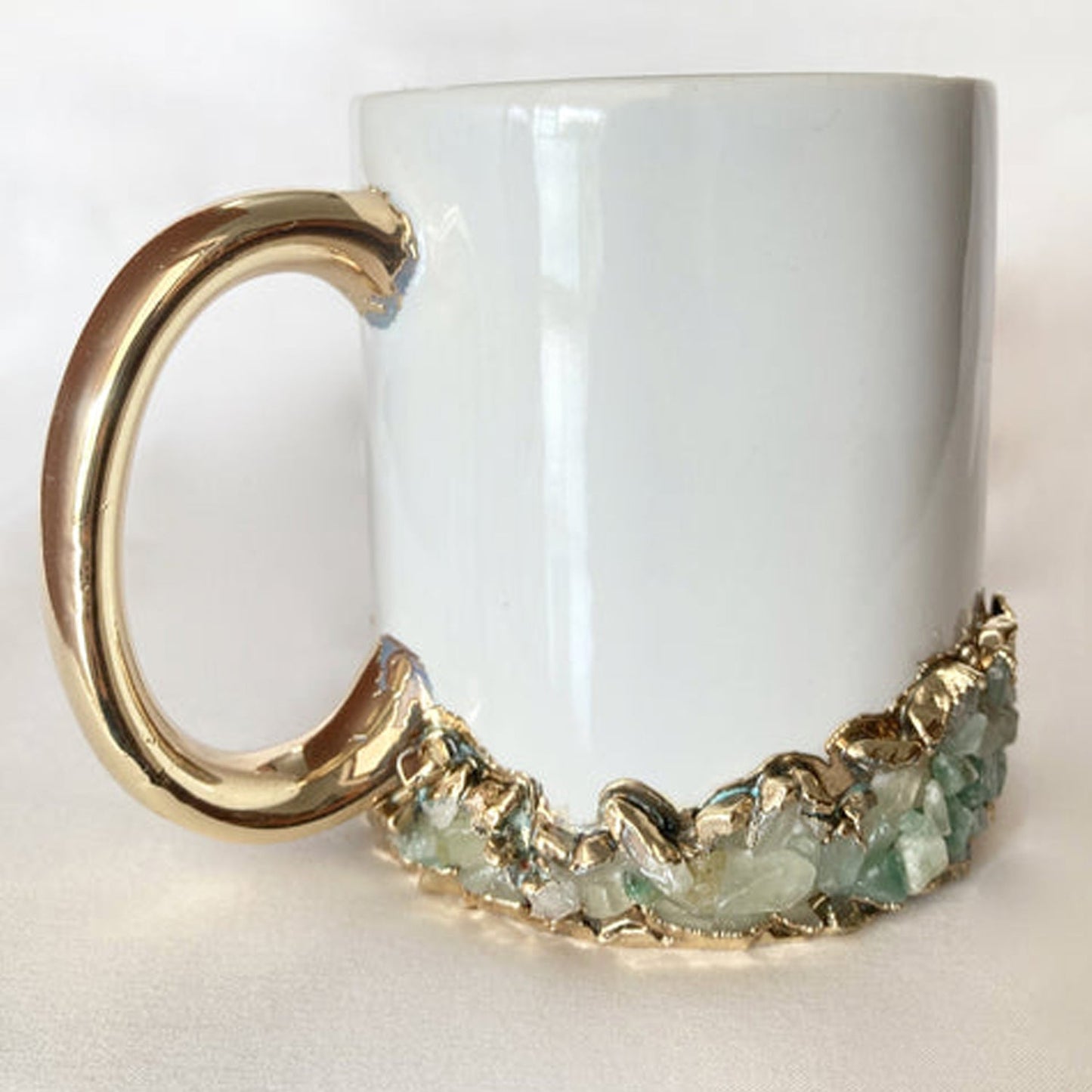 Set of 2 |Personalised White, Gold Ceramic Big Coffee/Tea/Juice/Beverage Mug, Light Green Semi-precious Agate Crystal Gemstones |13 oz/385ml