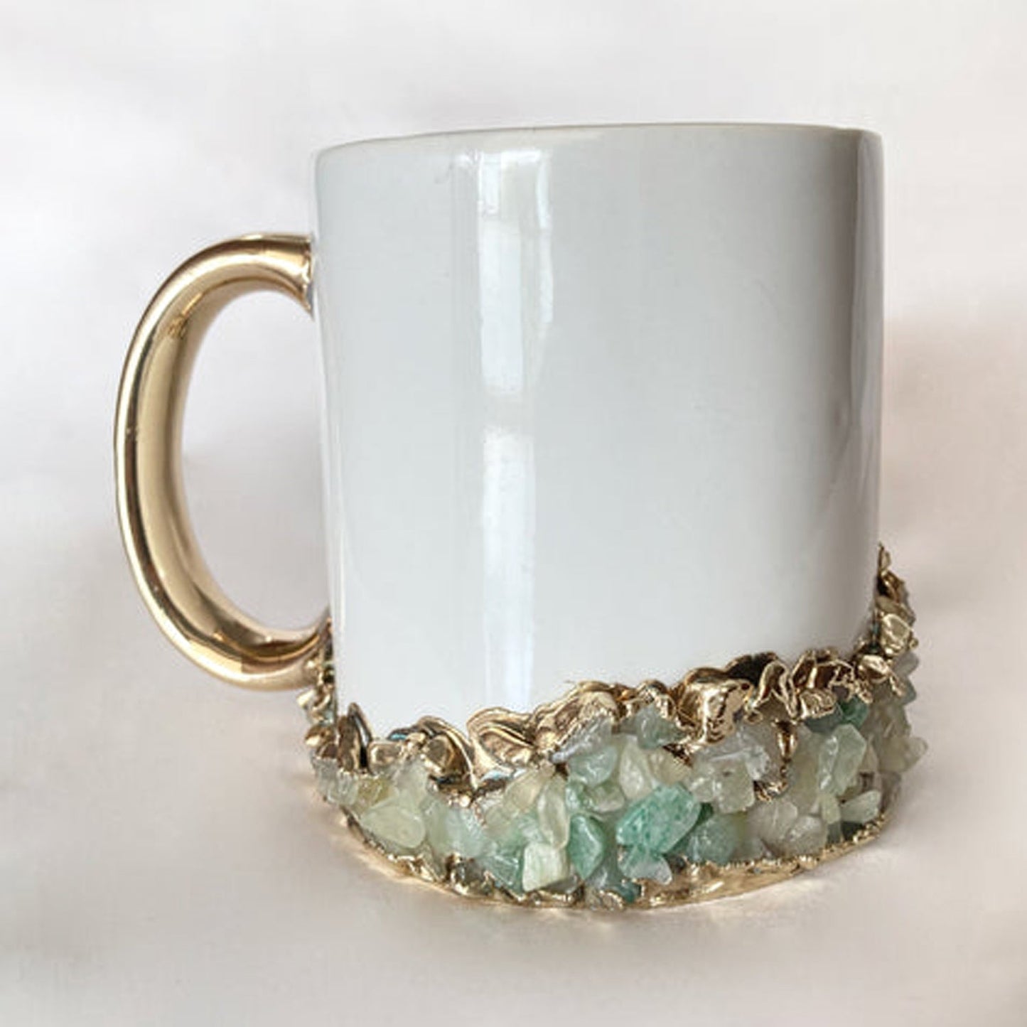 Set of 2 |Personalised White, Gold Ceramic Big Coffee/Tea/Juice/Beverage Mug, Light Green Semi-precious Agate Crystal Gemstones |13 oz/385ml