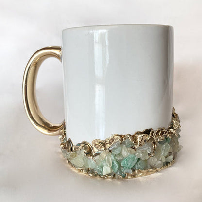 Set of 2 |Personalised White, Gold Ceramic Big Coffee/Tea/Juice/Beverage Mug, Light Green Semi-precious Agate Crystal Gemstones |13 oz/385ml