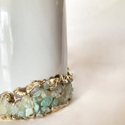 Set of 2 |Personalised White, Gold Ceramic Big Coffee/Tea/Juice/Beverage Mug, Light Green Semi-precious Agate Crystal Gemstones |13 oz/385ml