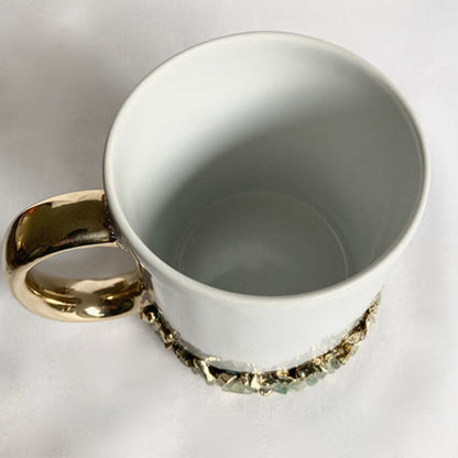 Set of 2 |Personalised White, Gold Ceramic Big Coffee/Tea/Juice/Beverage Mug, Light Green Semi-precious Agate Crystal Gemstones |13 oz/385ml