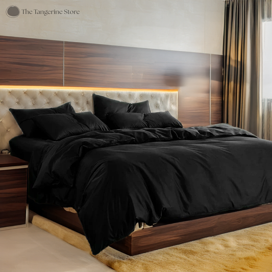 Pure Black - Cotton Sateen 3 Piece Duvet Cover Set | 4 Piece Sheet Set | Pre-washed | 400 TC Cotton Sateen | Ultra Soft | Luxury Bedding