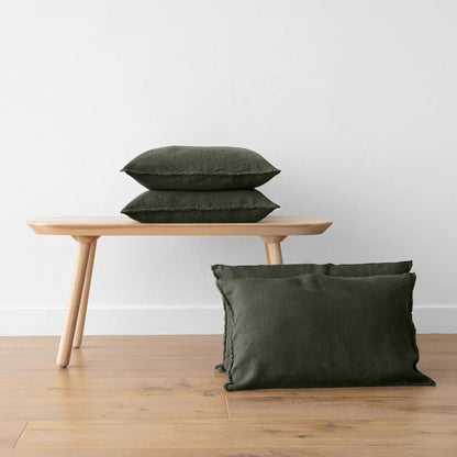 Moss-green- Set of 2 | Raw Edged Pillow Covers, Cushion Covers (Covers only) in Pure Linen | Super Soft | Pre-washed