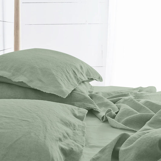 Raw Edged Sage Green - 100% Pure Linen | Linen Cotton Mix | 3 Piece Duvet Cover Set | 4 Piece Sheet Set | Handmade | Pre-washed | Soft