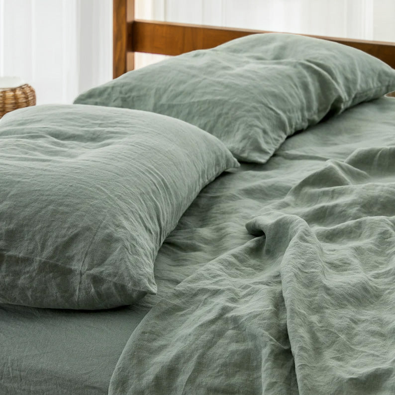 Sage Green - 100% Pure Linen | Linen Cotton Mix | 3 Piece Duvet Cover Set | 4 Piece Sheet Set | Handmade | Pre-washed | Soft