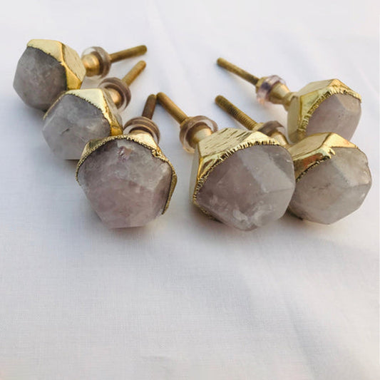 Set of 6 Rose Quartz Agate Hexagon Classic Vintage Finish Cabinet Drawer Pull Wardrobe Dresser Interior Decorative Handle