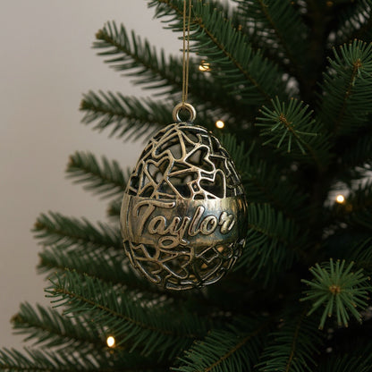 Personalised Heart egg christmas bauble | Antique cut out metallic ornament | set of 2 or 4