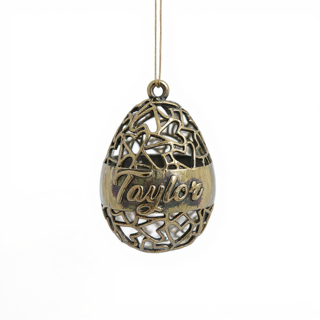 Personalised Heart egg christmas bauble | Antique cut out metallic ornament | set of 2 or 4