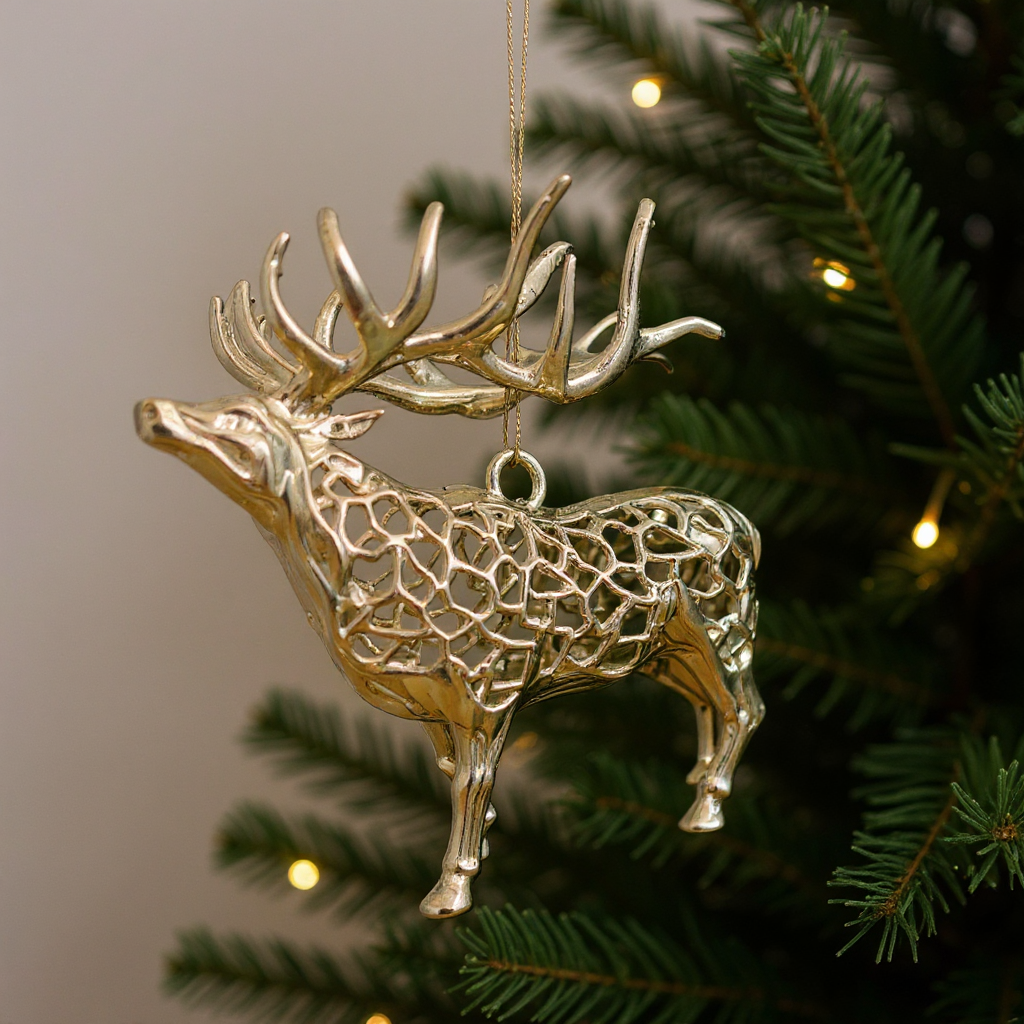 Reindeer christmas ornament | metallic holiday tree decor in gold, silver and antique | set of 2 or 4