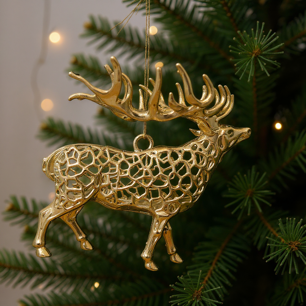Reindeer christmas ornament | metallic holiday tree decor in gold, silver and antique | set of 2 or 4