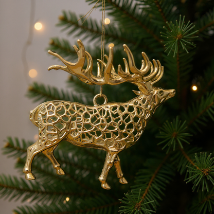 Reindeer christmas ornament | metallic holiday tree decor in gold, silver and antique | set of 2 or 4
