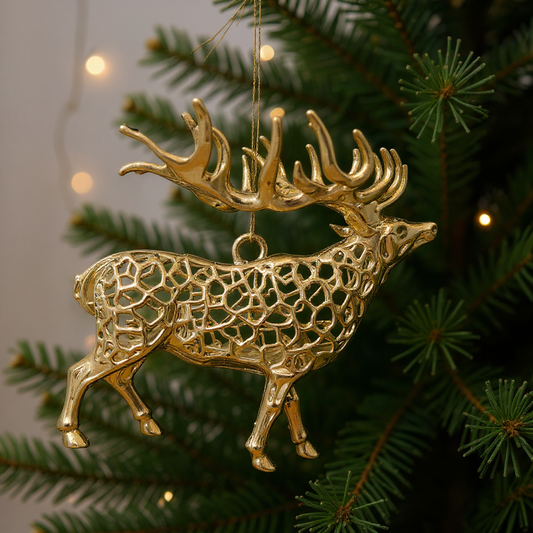 Reindeer christmas ornament | metallic holiday tree decor in gold, silver and antique | set of 2 or 4