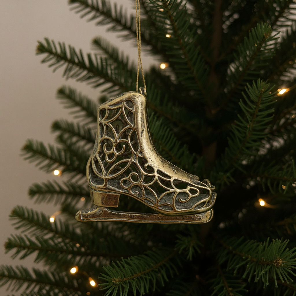 Ice skating boot christmas ornament | metallic holiday decor in gold, silver and antique | set of 2 or 4