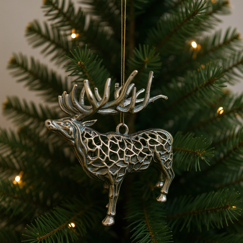 Reindeer christmas ornament | metallic holiday tree decor in gold, silver and antique | set of 2 or 4
