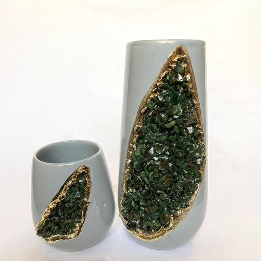 Grey and Gold Ceramic Vase/Planter/Pot/Wine Goblet/Mug with Green Semi-precious Agate Crystal Gemstones