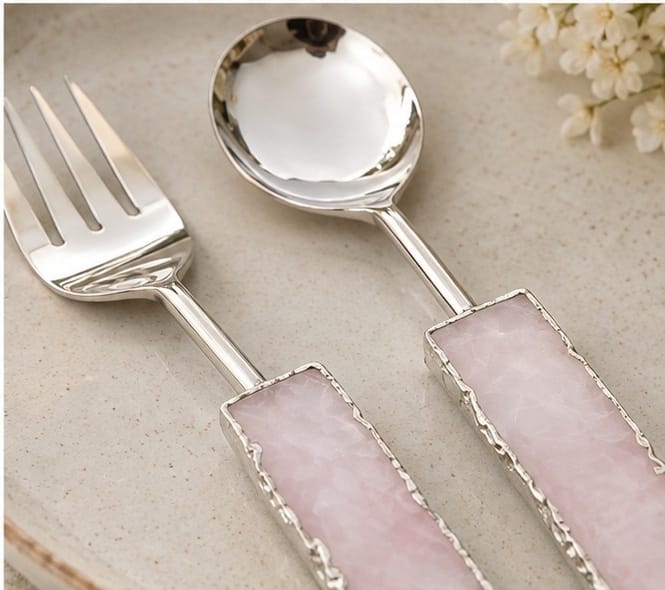 Rose Quartz Salad Server – Silver Finish – Set of 2