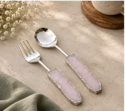 Rose Quartz Salad Server – Silver Finish – Set of 2