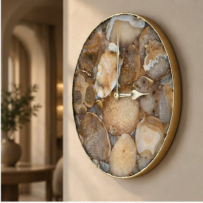 Brown agate circular wall clock seen along a corridor with an arch
