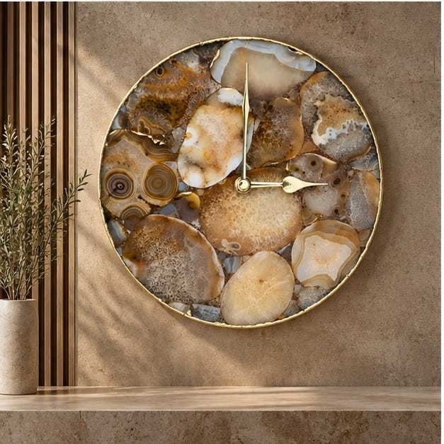 Brown agate circular wall clock against a fluted wall panel