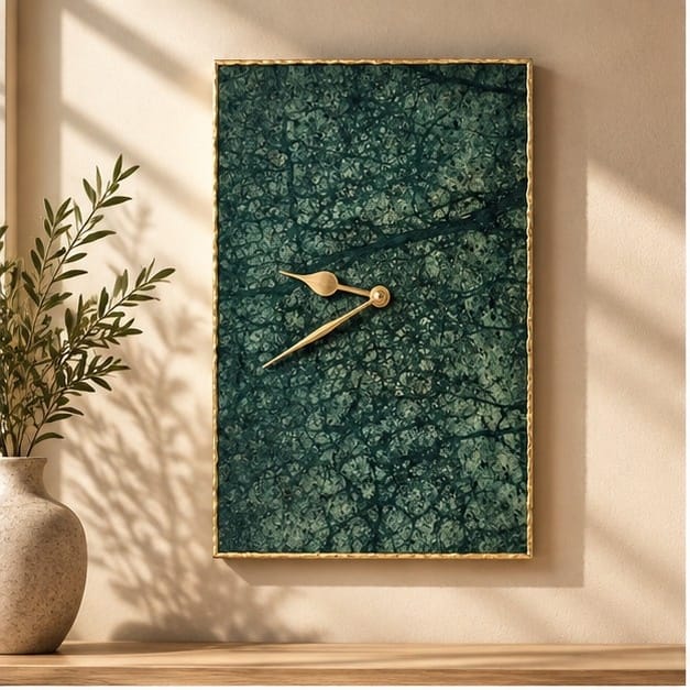 Green marble wall clock on a warm wall beside an olive plant