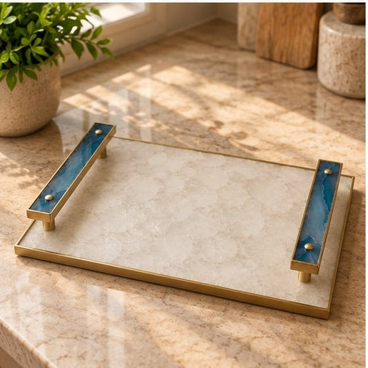 White Agate Serving Tray with Blue Agate Handles