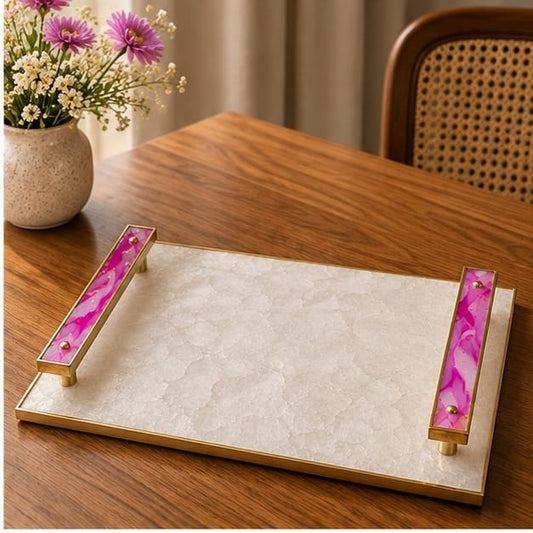 White Agate Serving Tray with Pink Agate Handles