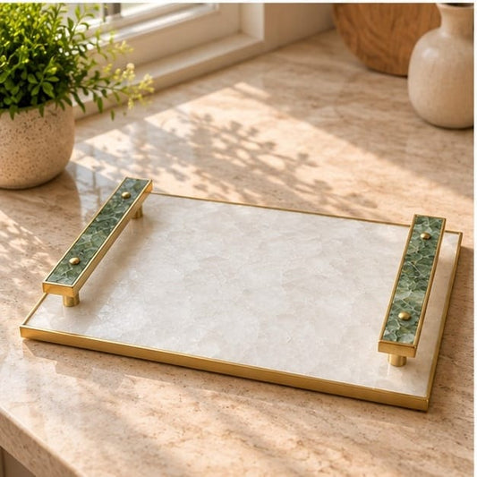 White Agate Serving Tray with Green Agate Handles
