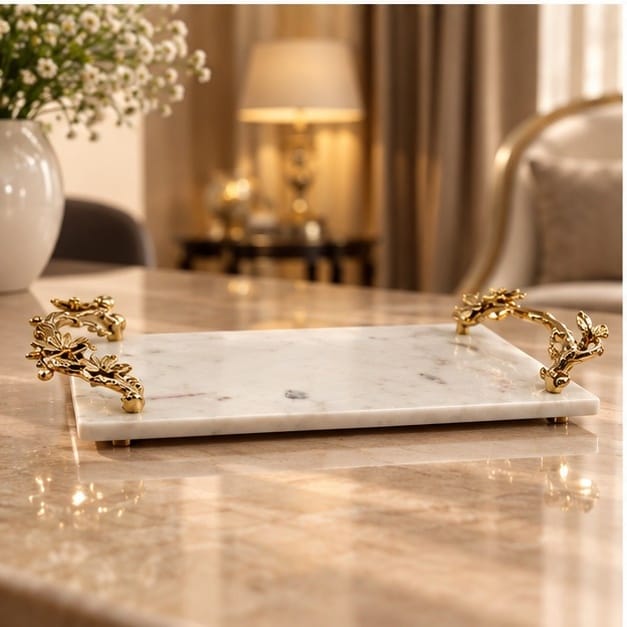 White Marble Tray – Large Floral Handles