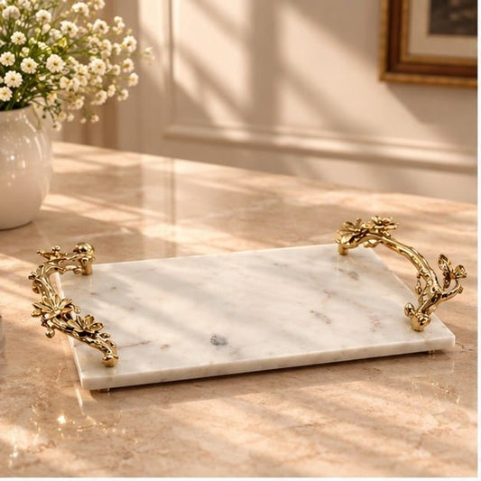 White Marble Tray – Small Floral Handles